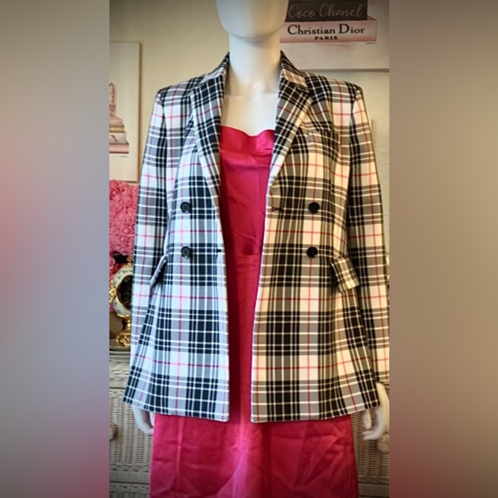 Scanlan Theodore Double Breasted Blazer Jacket in Black White Plaid Size 4 NWT